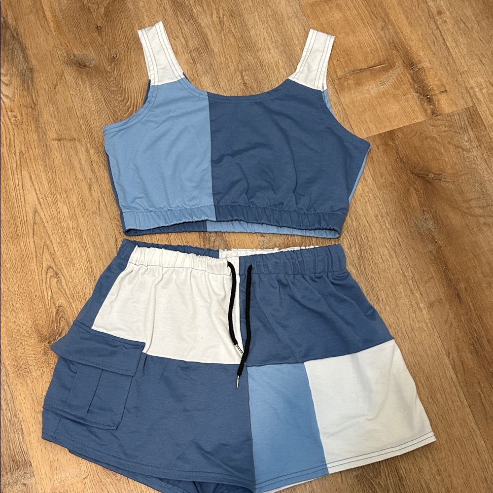 SHEIN Blue and White Patchwork Women Shorts Set